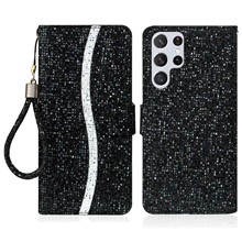 For Samsung Galaxy S23 Ultra Glitter Bling Splicing Design PU Leather Shockproof Case Phone Wallet Stand Protective Cover with Hand Strap - Black