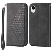 Folio Flip PU Leather Phone Case For Samsung Galaxy A23e, Anti-drop Rhombus Pattern Imprinted Calf Texture Phone Wallet Cover Stand with Strap - Black