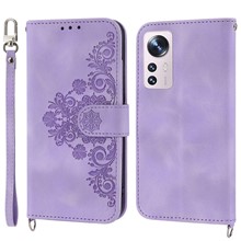 For Xiaomi 12X 5G / 12 5G / 12S 5G Imprinted Flowers Stand Wallet Leather Case Multiple Card Slots Skin-touch Phone Cover with Wrist Strap and Shoulder Strap - Light Purple