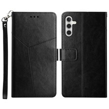 For Samsung Galaxy A14 5G / A14 4G HT01 PU Leather Imprinted Y-Shaped Lines Phone Case Anti-drop Wallet Stand Cover with Strap - Black
