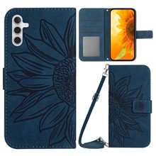 For Samsung Galaxy A14 5G / A14 4G HT04 PU Leather Stand Case Imprinted Sunflower Wallet Cover with Shoulder Strap - Dark Blue