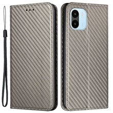 Carbon Fiber Texture PU Leather Phone Case For Xiaomi Redmi A1 4G / A2 4G , Wallet Stand Magnetic Auto Closing Shockproof Phone Cover with Wrist Strap - Grey