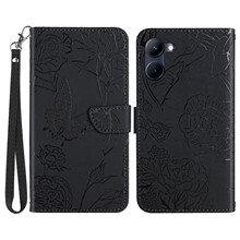 For Realme C33 2023 4G / C33 4G HT03 Imprinted Butterfly Flowers Anti-fall Phone Case Skin-touch PU Leather Magnetic Wallet Flip Cover Foldable Stand with Strap - Black