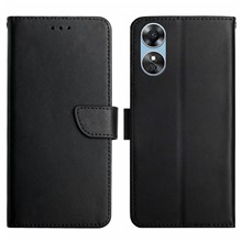 For Oppo A17 4G HT02 Genuine Leather TPU Wallet Protective Folio Flip Cover Anti-scratch Nappa Texture Phone Stand Case - Black