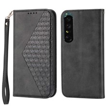 For Sony Xperia 1 IV 5G Imprinted Rhombus Pattern Calf Texture PU Leather Case Stand Wallet Auto Closing Magnetic Phone Cover with Strap - Black