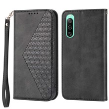 For Sony Xperia 10 IV 5G Calf Texture PU Leather Case Stand Wallet Imprinted Rhombus Pattern Magnetic Phone Cover with Strap - Black