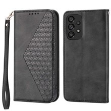 For Samsung Galaxy A73 5G Calf Texture PU Leather Wallet Case Imprinted Rhombus Pattern Magnetic Auto-absorbed Phone Stand Cover with Strap - Black