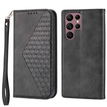 For Samsung Galaxy S22 Ultra 5G Calf Texture Wallet Stand Phone Case PU Leather Imprinted Rhombus Pattern Cover with Strap - Black