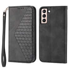 For Samsung Galaxy S22 5G Imprinted Rhombus Pattern Wallet Stand Phone Case Calf Texture PU Leather Shockproof Cover with Strap - Black
