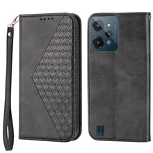For Realme C31 Imprinted Rhombus Pattern Calf Texture Phone Case Magnetic Absorption PU Leather Wallet Stand Cover with Strap - Black