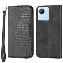 Calf Texture Phone Case for Realme C30 4G, PU Leather Imprinted Rhombus Pattern Wallet Stand Folio Flip Cover with Strap - Black