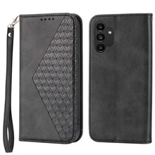 For Samsung Galaxy A13 4G / A13 5G / A04s 4G (164.7mm) Leather Wallet Case Imprint Rhombus Calf Texture Phone Stand Cover with Strap - Black
