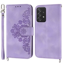 For Samsung Galaxy A52 4G / A52 5G / A52s 5G Imprinted Flowers PU Leather Flip Case Stand Multiple Card Slots Skin-touch Cover with Wrist Strap and Shoulder Strap - Light Purple