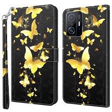 For Xiaomi 11T 5G / 11T Pro 5G PU Leather Flip Case Elegant 3D Pattern Printing Magnetic Closure Stand Wallet Phone Cover with Strap - Golden Butterflies