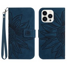 Flip Phone Case for iPhone 14 Pro, HT04 Imprinted Sunflower Hands-free Stand PU Leather Skin-Touch Magnetic Wallet Cover with Strap - Dark Blue