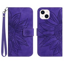Flip Phone Case for iPhone 14 Plus, HT04 Imprinted Sunflower Viewing Stand PU Leather Skin-Touch Magnetic Wallet Cover with Strap - Dark Purple