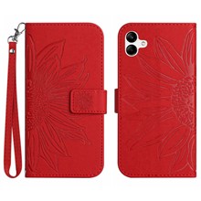 For Samsung Galaxy A04 4G (164.4 x 76.3 x 9.1 mm) HT04 Fall Protection Skin-Touch PU Leather Phone Case Imprinted Sunflower Stand Wallet Cover with Hand Strap - Red