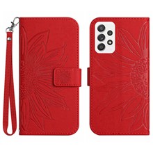 For Samsung Galaxy A52 4G / 5G / A52s 5G HT04 Skin-Touch PU Leather+TPU Phone Case Imprinted Sunflower Stand Wallet Cover with Hand Strap - Red
