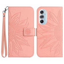 For Motorola Edge 30 Pro (Motorola Edge+ (2022)) Well-protected Imprinted Sunflower PU Leather Case Stand Wallet Skin-touch Phone Cover with Strap - Light Pink