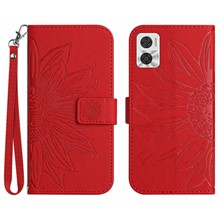 For Motorola Moto E22 4G / E22i 4G HT04 Sunflower Imprinted PU Leather Anti-scratch Stand Shell Skin-Touch Phone Wallet Cover with Hand Strap - Red
