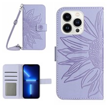For iPhone 13 Pro 6.1 inch HT04 Imprinted Sunflower PU Leather Wallet Stand Cover Magnetic Clasp Skin-touch Phone Case with Shoulder Strap - Light Purple
