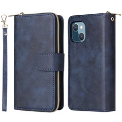 For iPhone 13 mini 5.4 inch Shockproof PU Leather Phone Case 9 Card Holder Slots Magnetic Closure Zipper Pocket Flip Wallet Stand Protective Phone Cover with Strap - Blue
