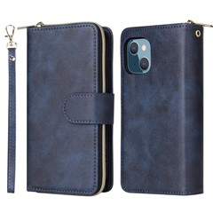 Anti-scratch PU Leather Phone Case For iPhone 14 Plus, 9 Card Holder Slots Magnetic Closure Zipper Pocket Flip Wallet Cover Stand with Strap - Blue