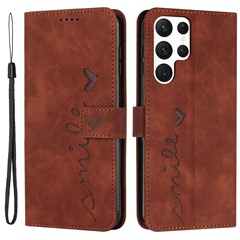 Full Protection Cell Phone Cover For Samsung Galaxy S23 Ultra, Skin-touch PU Leather Heart Shape Imprint Phone Case Flip Stand Wallet - Brown