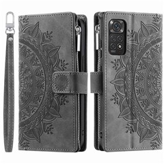 For Xiaomi Redmi Note 11 4G (Qualcomm) / Redmi Note 11S 4G PU Leather Stand Cover Multiple Card Slots Wallet Zipper Pocket Mandala Flower Imprinted Phone Case - Grey