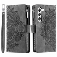 For Samsung Galaxy S23 Zipper Pocket Phone Case Mandala Flower Imprinted PU Leather Stand Cover Multiple Card Slots Wallet - Grey