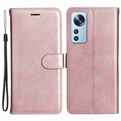 For Xiaomi 12 Lite 5G Case Solid Color Leather Mobile Cover Wallet Stand with Strap - Rose Gold