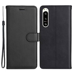 For Sony Xperia 5 IV 5G Case Solid Color Leather Mobile Cover Wallet Stand with Strap - Black