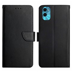 For Motorola Moto E22s 4G / E32 (India) 4G HT02 Genuine Leather Nappa Texture Wallet Case with Stand Function Flip Phone Cover Strong Magnetic Clasp Shell - Black