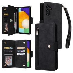 Drop-proof Phone Case For Samsung Galaxy A14 5G / A14 4G Zippered Wallet Rivet Buckle PU Leather Stand Cell Phone Cover with Strap - Black