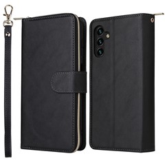 For Samsung Galaxy A14 5G / A14 4G PU Leather 9 Card Slots Phone Case Zipper Pocket Stand Wallet Cover with Strap - Black
