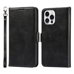 For iPhone 14 Pro Anti-scratch Phone Case Retro Wallet Stand Magnetic Clasp Shockproof Flip Leather Phone Cover with Strap - Black