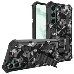 For Samsung Galaxy S23 Reinforced Corners Shockproof Kickstand Phone Case Camouflage Design PC + TPU Hybrid Cover - Camouflage Black