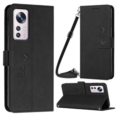 For Xiaomi 12 Lite 5G Imprinted Heart Shape Folding Stand Cover Skin-touch Feeling PU Leather Wallet Flip Magnetic Phone Case with Shoulder Strap - Black