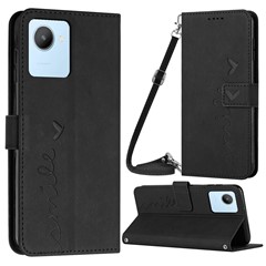 For Realme C30 4G Skin-touch Feeling Wallet Phone Case PU Leather Imprinted Heart Shape Magnetic Closure Stand Flip Cover with Shoulder Strap - Black