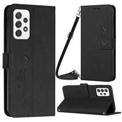 For Samsung Galaxy A33 5G Heart Shape Imprinted Wallet Stand Case Skin-touch Feeling PU Leather Phone Shockproof Cover with Shoulder Strap - Black