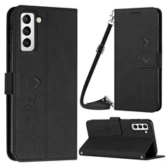 For Samsung Galaxy S23 Heart Shape Imprinted Wallet Horizontal Stand Case Skin-touch Feeling PU Leather Phone Cover with Shoulder Strap - Black