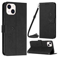 Stand Case for iPhone 13 / 14 6.1 inch, Anti-drop Heart Shape Imprinted Wallet Skin-touch Feeling PU Leather Phone Cover with Shoulder Strap - Black