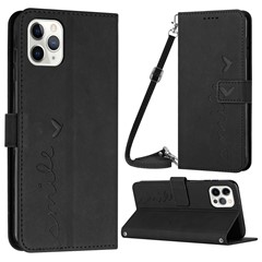 Stand Case for iPhone 14 Pro Max, Heart Shape Imprinted Wallet Skin-touch Feeling Full Coverage PU Leather Phone Cover with Shoulder Strap - Black