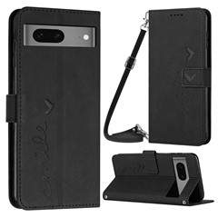 Skin-touch Feeling Case for Google Pixel 7 5G, Bump Proof Heart Shape Imprinted Wallet Stand PU Leather Phone Cover with Shoulder Strap - Black