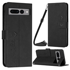 Skin-touch Feeling Case for Google Pixel 7 Pro 5G, Drop Resistant Heart Shape Imprinted Wallet Stand PU Leather Phone Cover with Shoulder Strap - Black
