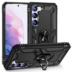 For Samsung Galaxy S23+ Fall-proof Military Grade Case Ring Kickstand Design PC + TPU Back Cover - Black