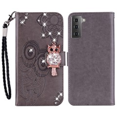 For Samsung Galaxy S23 Rhinestone Decor Phone Cover, Imprinting Owl Flower Pattern Stand Wallet Leather Case - Grey