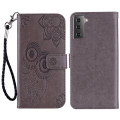 For Samsung Galaxy S23 Owl Flower Pattern Imprinted Magnetic Clasp Phone Case Wallet Stand PU Leather Shockproof Phone Cover - Grey