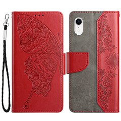 PU Leather Phone Case for Samsung Galaxy A22e, Well-protected Butterfly Flower Imprinted Wallet Cover with Stand - Red
