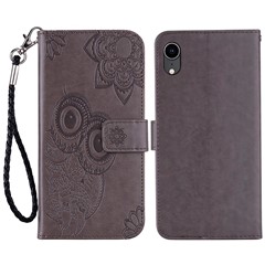 For Samsung Galaxy A22e Cell Phone Case Drop Protection Imprinted Owl Flower Pattern Stand Wallet Leather Phone Cover - Grey